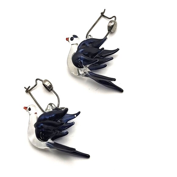 Vintage Glass Bird Dangle Drop Earrings Cobalt Blue & Clear Handcrafted - Picture 1 of 6